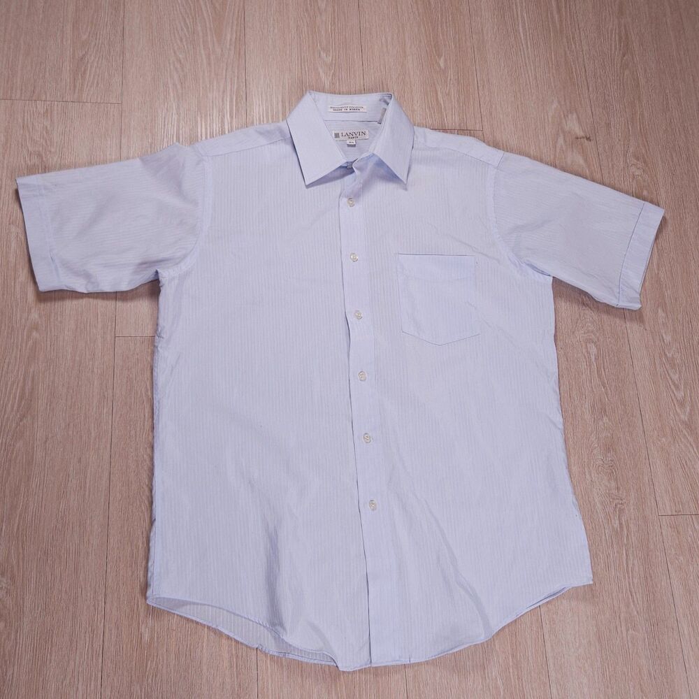 VTG  Lanvin Paris Short Sleeve Button Shirt 15.5 70s 80s Preppy Mafia Mob Blue